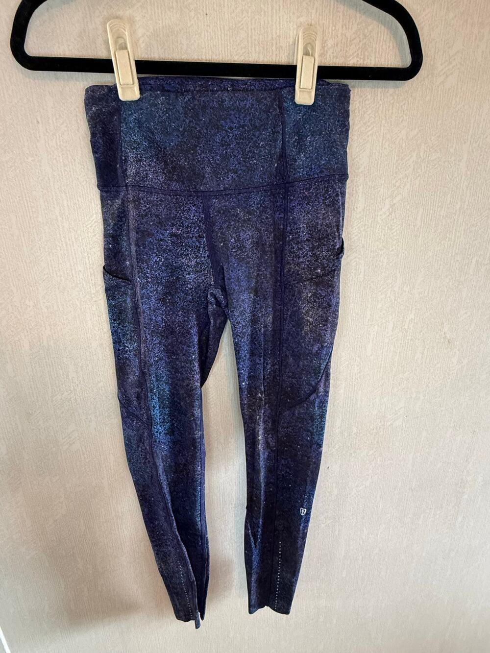 Lululemon Blue Purple Speckled Running Leggings Side Pockets Size 4
